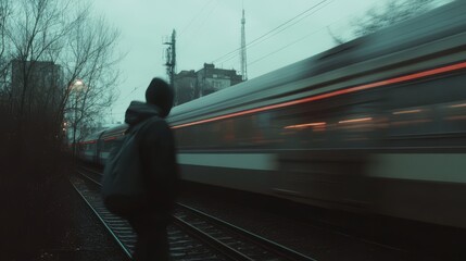 Obraz premium Person watching a speeding train.
