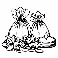 Festive Lucky Bags and Lotus Candle Icon on White Background