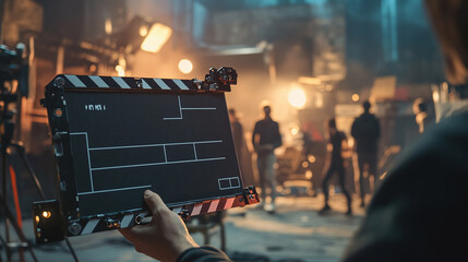 Hand holding clapperboard, director tool for movie production, black film slate marking scene and take or cut, cinema equipment used to synchronize video and audio footage, acting show episode.