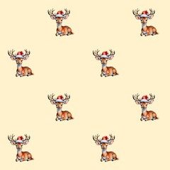 Obraz premium Chrestmas deer wearing Santa hat seamless pattern