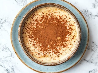 Creamy tiramisu with intricate cocoa powder pattern, served on a pale blue ceramic plate, soft diffused natural light