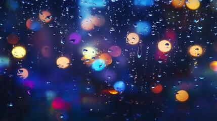 Obraz premium Rain drops on window, blurred city lights at night.