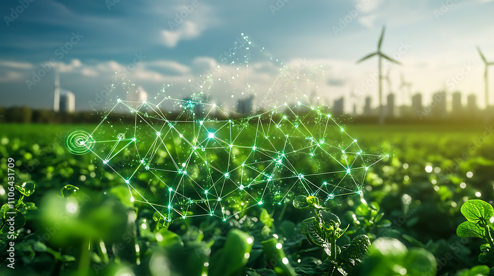 Poster conceptual image of green hydrogen molecules with a futuristic eco-friendly energy theme emphasizing