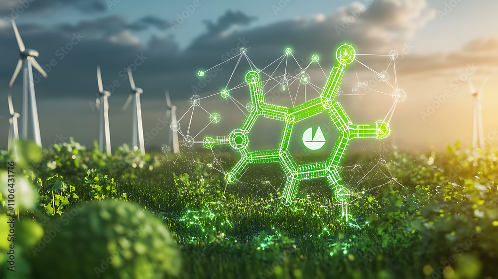 Poster conceptual image of green hydrogen molecules with a futuristic eco-friendly energy theme emphasizing