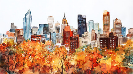 Watercolor fall cityscape