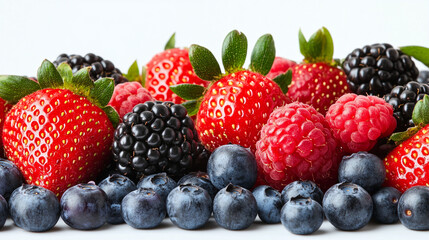 Close-up photograph of Strawberries, blueberries, raspberries and blackberries highlighted in a fruit arrangement on a white background.
