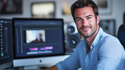 Fototapeta premium Professional video editor, a creative man working on his computer, using advanced software to enhance film or movie projects and media content on his screen in a modern editing studio.