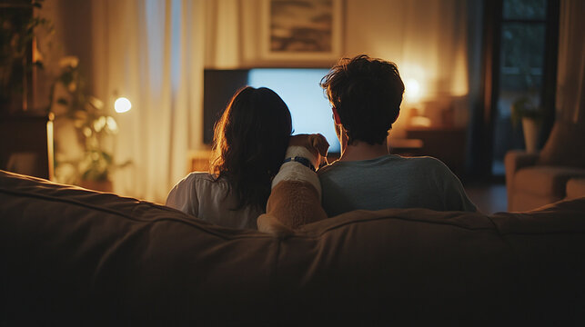 Rearview of man and woman, young couple sitting together on sofa with their dog pet and watching tv in living room interior. family house or home indoors relaxation on couch in an apartment, cuddle.