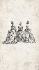 Regal Neoclassical Hand-Drawn Royal Court Scene on Aged Paper Background in Black and White