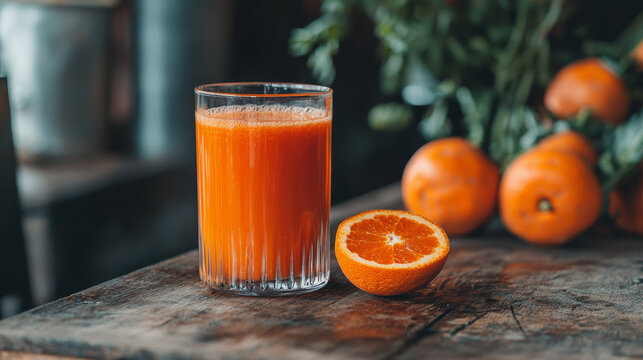 glass of fresh orange juice with frothy texture sits on rustic wooden table, surrounded by whole oranges and halved orange, creating vibrant and refreshing scene