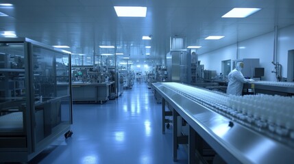 Obraz premium Clean Room Factory with Conveyor Belt and Workers in Protective Gear
