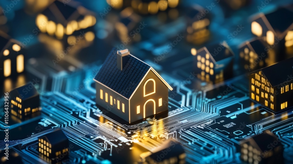 Aufkleber this image shows a cityscape of illuminated homes on a digital circuit board, illustrating the blend