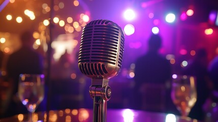 A close-up of a vintage microphone on a stage, illuminated by colorful lights in a lively atmosphere.
