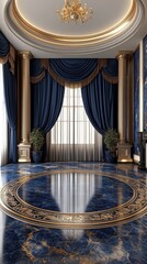 Obraz premium Luxurious living room with blue and gold decor, featuring large windows, ornate columns, and a circular blue marble floor.