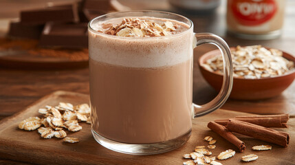 warm mug of oat milk hot chocolate topped with oats and chocolate shavings, surrounded by cinnamon sticks and oats on wooden board, creating cozy and inviting atmosphere