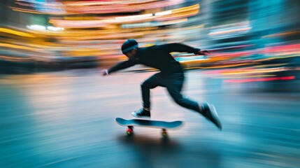 Skateboarder in motion blur, city lights.