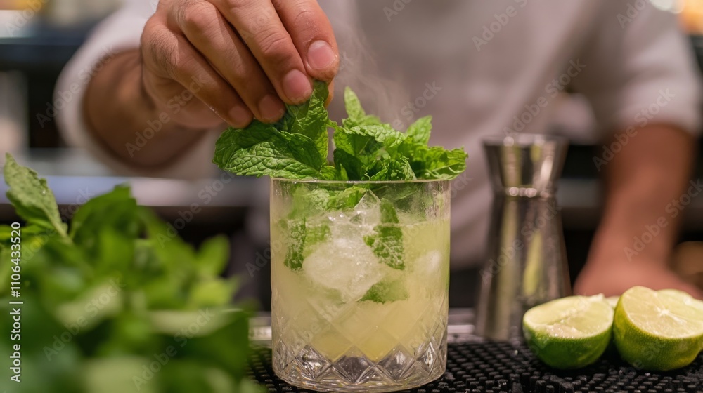 Poster a skilled bartender prepares a refreshing mint juice by adding fresh mint leaves to a glass filled w