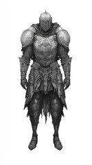 Fototapeta premium Noble Warrior in Intricate Armor - Hand-Drawn Black and White Artwork on Aged White Paper