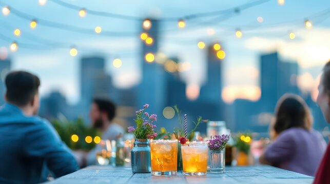 A chic rooftop garden party with friends enjoying cocktails, fairy lights strung overhead, and a breathtaking city skyline