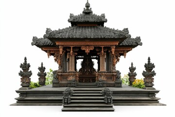 Fototapeta premium Ornate pavilion, stone steps, intricate carvings, tropical plants.