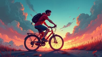 Fototapeta premium Sunny evening bike ride through a vibrant landscape at sunset