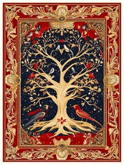 Enchanted storybook frame with intricate fairy tale Christmas motifs, golden illuminated manuscript style, rich red and gold colors