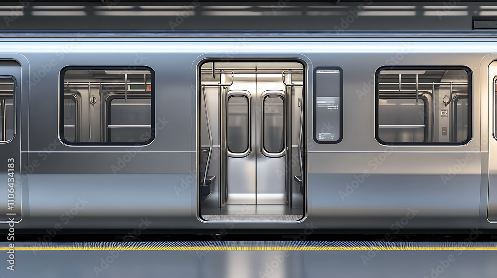 Aufkleber a silver subway train door is open, showcasing the exterior of an empty subway car with doors and wi