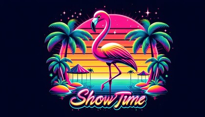 Naklejka premium Retro Flamingo Sunset with Palm Trees 