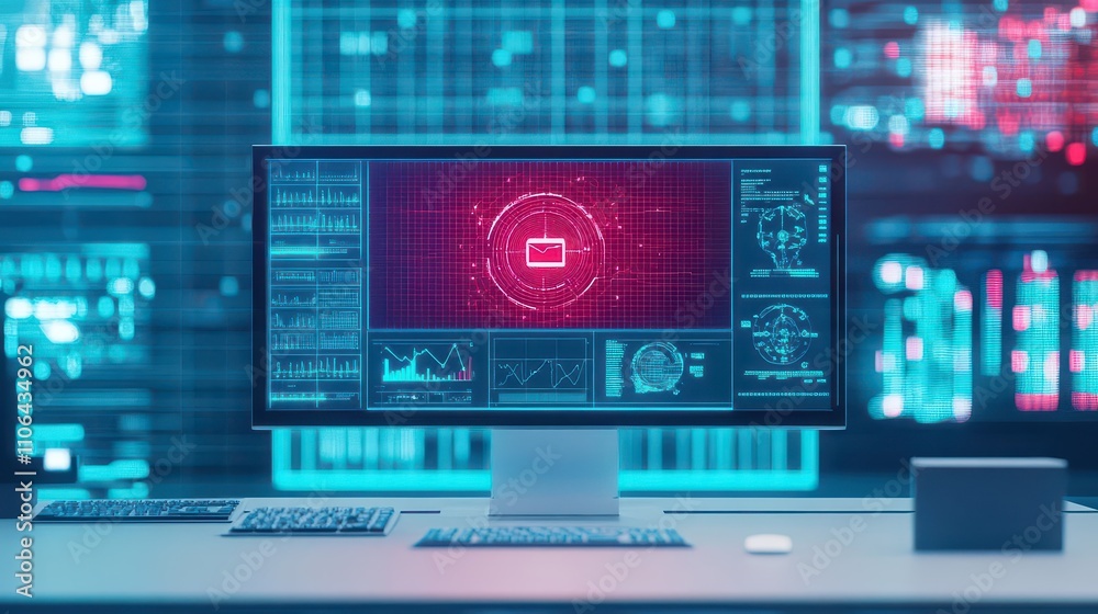 Poster A cybersecurity expert monitoring threats on an advanced digital dashboard in a sleek, hightech control room front view ensuring security cybernetic tone Tetradic color scheme