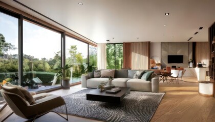Panoramic View of Modern Living Room Interior 3D Rendering