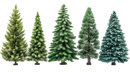 Variety of Artificial Christmas Trees Different Styles and Sizes Isolated on white background or PNG