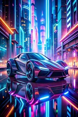 3D Futuristic Vehicle on Neon-Lit Sci-Fi Road