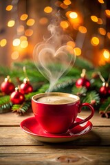 Close-Up Coffee Cup with Heart-Shaped Steam and Warm Lighting