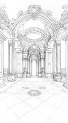 Majestic Royal Chamber Pencil Sketch on Aged Paper - Symbol of Luxury and Authority in Black and White