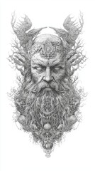 Portrait of a Wise Sage on Aged Paper - Detailed Hand-drawn Illustration Symbolizing Knowledge and Sovereignty in Black and White