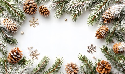 Naklejka premium Pine branches and snowflakes arranged as a border along the top and bottom of the image