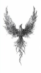 Obraz premium Majestic Neoclassical Phoenix Rising - Detailed Black and White Drawing on Aged Paper Symbolizing Rebirth and Strength