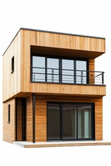 Fototapeta premium Modern wood-sided house, balcony, large windows.