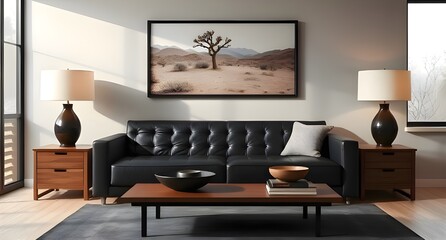 Fototapeta premium Mid-century style home interior design of modern living room. Accent coffee table near black tufted sofa against windows.