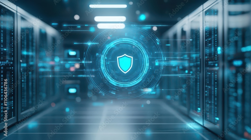Poster a futuristic data center with holographic projections of cybersecurity shields, digital, blue and gr