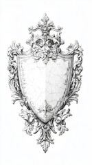 Majestic Hand-Drawn Heraldic Shield Symbolizing Sovereignty and Nobility on Aged Paper - Black and White Artwork