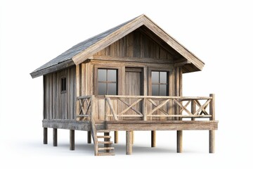 Rustic wooden cabin, elevated, small deck, stairs.