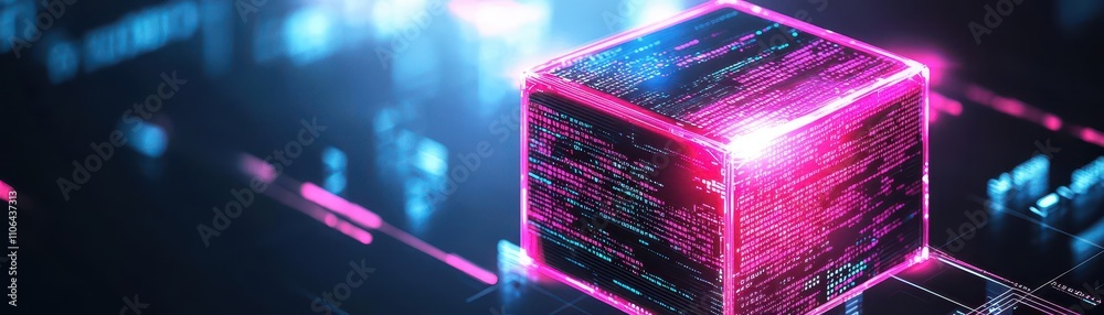 Poster A glowing AI cube, each side displaying dynamic data streams and code, Holographic, Bright Pink and Black, Isometric 3D