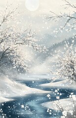 This is an illustration of a river in the snow, with white flowers blooming on both sides and trees growing along it.