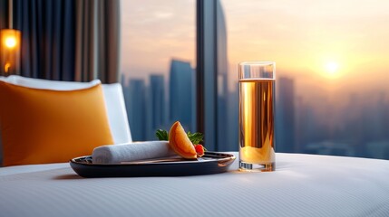 Luxury hotel suite, panoramic city view, premium product display