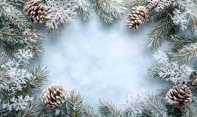 Pine branches and snowflakes arranged as a border along the top and bottom of the image