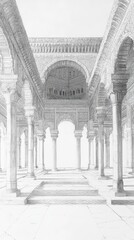 Regal Pencil Drawing of Historical Throne Room on Aged White Paper | Black and White Artwork of Luxurious Sovereign Chamber