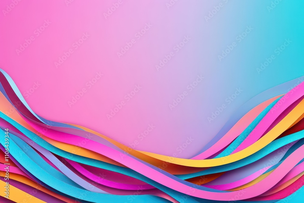 Poster A minimalist banner with flowing, colorful paper strips creating an elegant wave pattern, set against a subtle gradient background, neon glow, futuristic style