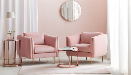 A sleek and cozy modern home environment with a pink armchair complementing white curtains.