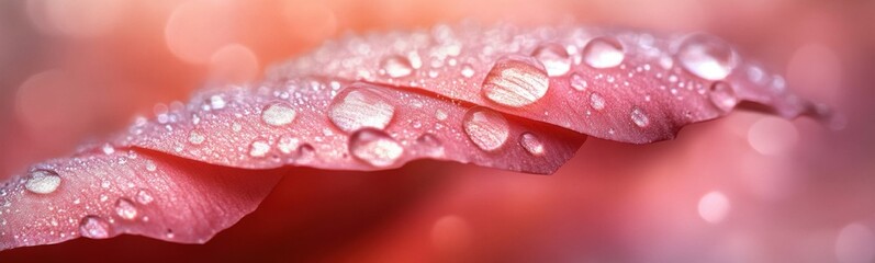Dew drops on a pink leaf with a pink background
